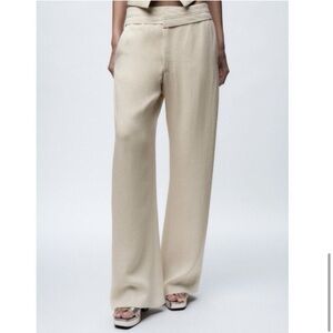 Zara Pants Size XS Linen Beige Wide Leg Contrast Foldover Look Trouser Pockets